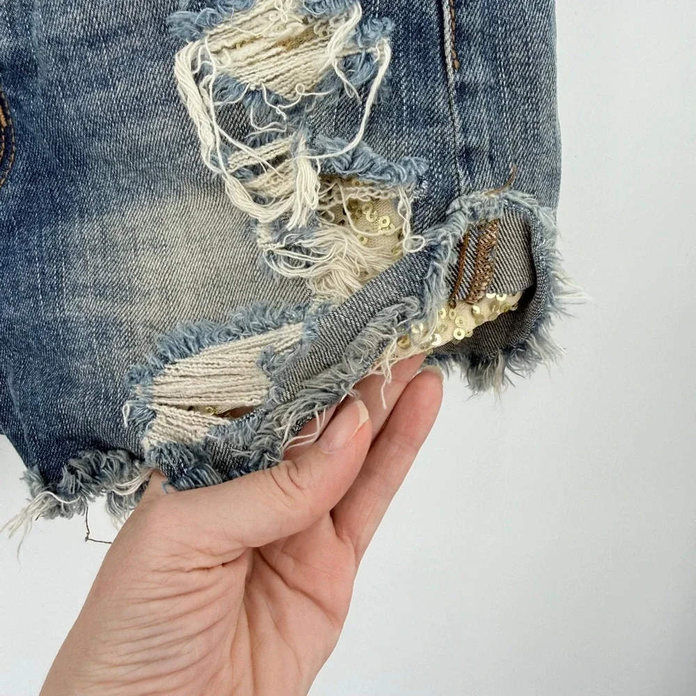 American‎ Eagle Hi-Rise Festival Distressed Gold Sequin Pockets Denim Shorts 8